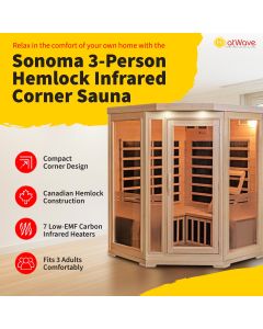Sonoma 3-Person Hemlock Infrared Corner Sauna with 7 Carbon Heaters - SA7019
